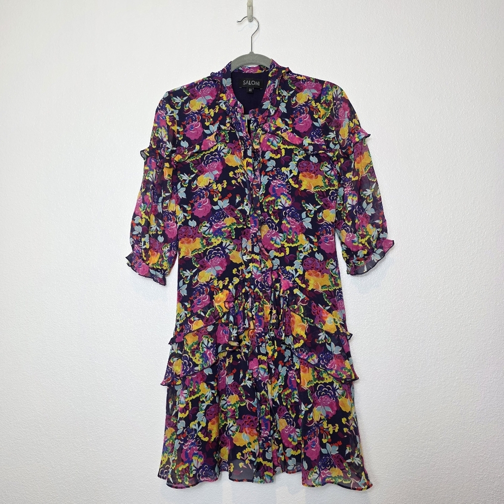 SALONI Tilly Ruffle Floral Print Silk Belted Romantic Mini Dress Size 4 - Picture 4 of 13